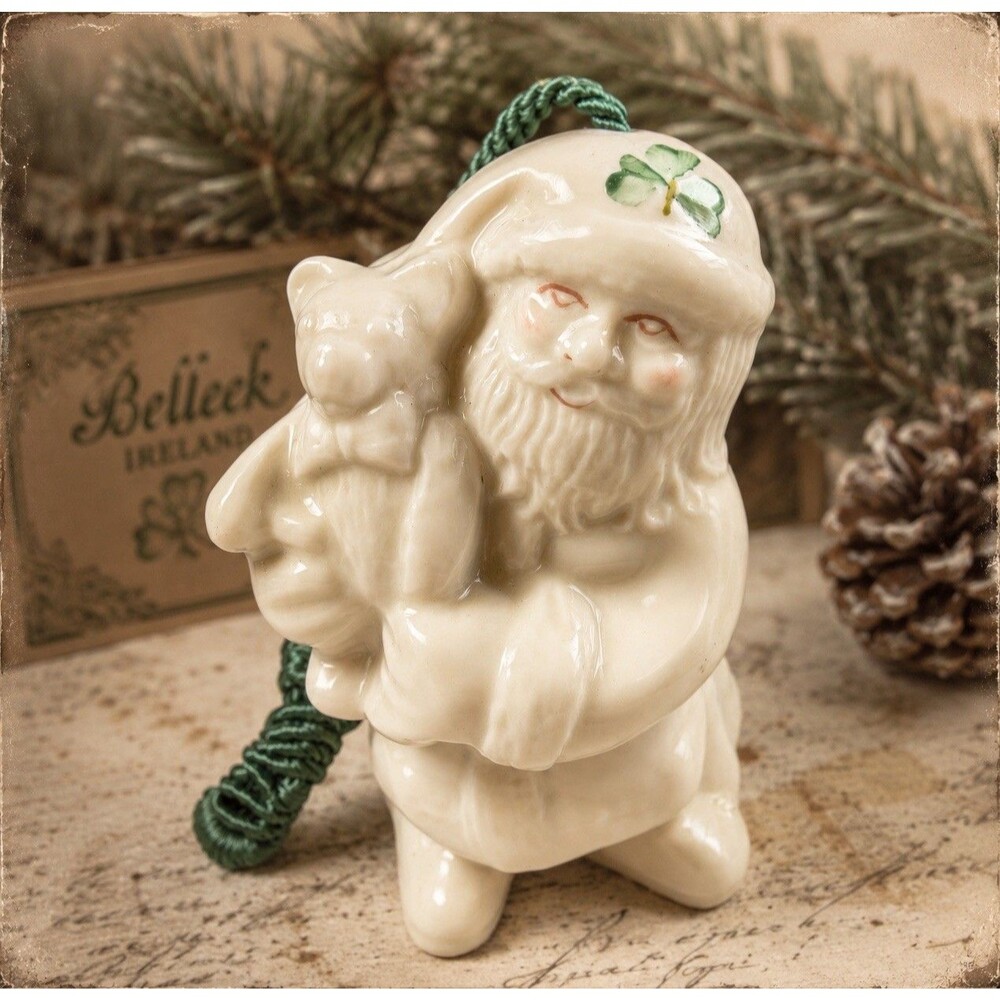 Vintage Belleek Ireland Porcelain Santa Claus Christmas Bell Ornament Shamrock